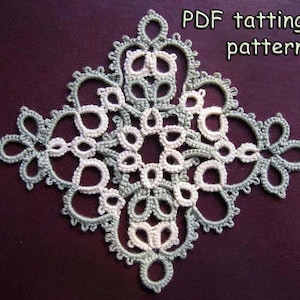 May include: A delicate, intricate tatting pattern in shades of green and white, resembling a snowflake or star. The pattern is displayed on a dark red background. The text "PDF tatting pattern" is visible in the top right corner.
