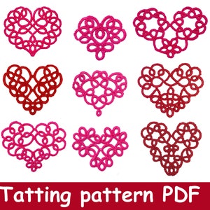 9 modelli PDF digitali di cuori di pizzo di San Valentino Per decorare cartoline Invito nuziale o fidanzamento Tutorial sul chiacchierino Istruzioni tatuate