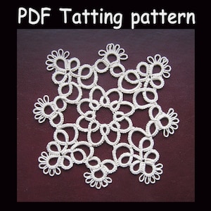 May include: A white crocheted snowflake pattern, with a detailed design of loops and picots, on a dark red background. The text "PDF Tatting pattern" is at the top of the image.