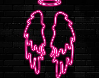 May include: Pink neon angel wings with a halo on a black brick wall background.