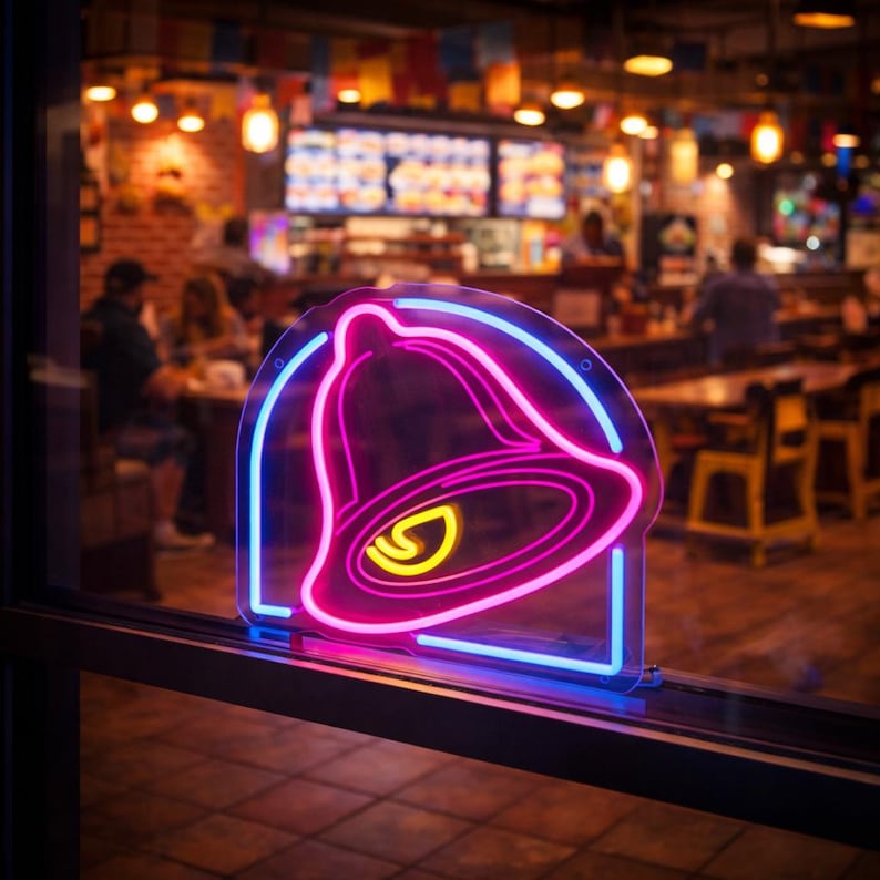 May include: A neon sign in a restaurant window displays a bell design. The bell is outlined in pink neon, with a yellow centre and a blue outline. The restaurant interior is visible in the background, with tables and people.