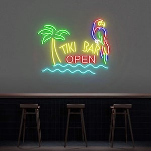 Tiki Bar Open Neon Sign Parrot Palm Tree, Tiki Neon Sign Light, Personalized Tiki Bar Decor, Beach Bar Sign, Custom Neon Sign, Birthday gift