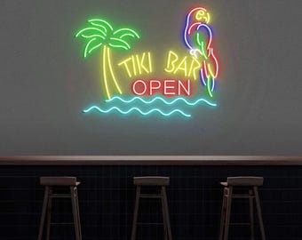 Tiki Bar Open Neon Sign Parrot Palm Tree, Tiki Neon Sign Light, Personalized Tiki Bar Decor, Beach Bar Sign, Custom Neon Sign, Birthday gift