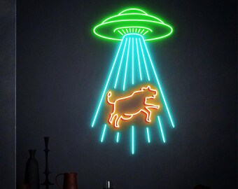 UFO Neon Sign, Kidnapping Cow Neon Sign, Creative UFO Cool Wall Decor, Neon Bar Sign, Birthday Gift Ufo, Flying Saucer Bedroom Neon Light