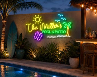 May include: A custom neon sign mounted on a wall featuring the text The Miller's POOL & PATIO in yellow, green, and white. The design includes a yellow sun, blue birds, a green palm tree, and purple flip-flops, illuminating an outdoor pool area.