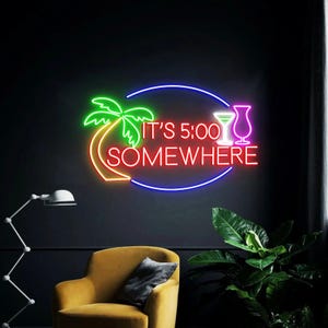 it&#39;s 5 O&#39;clock somewhere neon sign, palm tree led sign, Tiki Bar neon light, beach neon sign, cocktail neon sign, tiki bar logo outdoor sign