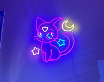 Moon Cat Neon Sign, Cute Cat Led Sign, Cat with Moon Stars, Kawaii Cat Wall Art, Kawaii Room Decor, Game Room Decorations, Birthday Gifts
