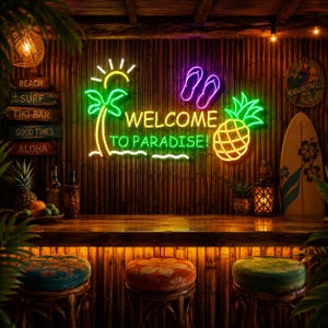 May include: A neon sign displaying the text WELCOME TO PARADISE in green, accompanied by a yellow sun, a green palm tree, purple flip-flops, and a yellow pineapple. The sign is mounted on a dark bamboo wall above a wooden bar counter.