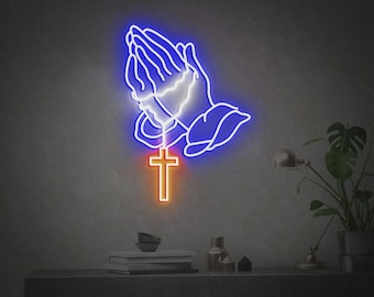 Praying Hands, Led Neon Sign, Prayer Hands Art, Cross, Religious Wall Art, Christian, Custom Wall Art, Faith, Christmas Gift, Birthday Gift