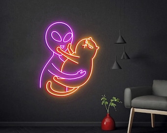 Alien Cat Neon Sign, Cute Alien Petting a Cat, Creative Neon Sign Alien Game Room Decor, Personalized  Alien Gift, Alien Cat Lovers