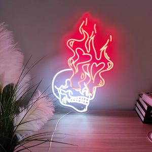 Skull Head Neon Sign | Custom Handmade Neon Light | Skull Heart Fire | Skull fire neon light | Wall Art Decor | Personalized Aesthetic Gifts
