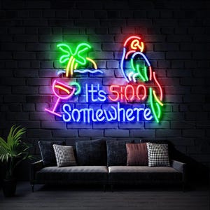 it&#39;s 5 O&#39;clock somewhere neon sign, coconut tree led sign,parrot neon light, beach neon sign, cocktail neon sign, tiki bar logo outdoor sign