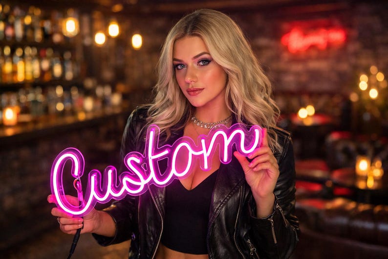 May include: A neon sign in a cursive font that reads "Custom" in bright pink. The sign is held up in front of a person wearing a black leather jacket and top. The background is a dimly lit bar.