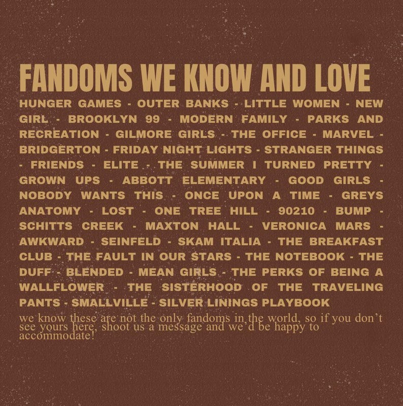 May include: A brown graphic with gold text listing various fandoms, including "Hunger Games," "Outer Banks," and "Little Women." The text reads "Fandoms We Know and Love" at the top, with a call to action at the bottom.