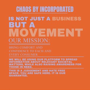 Pu&ograve; includere: Sfondo arancione con testo in blu chiaro e bianco. Il testo recita "CHAOS BY INCORPORATED" e "IS NOT JUST A BUSINESS BUT A MOVEMENT." &Egrave; inclusa anche la dichiarazione di missione, che promette comfort e fiducia a ogni consumatore.