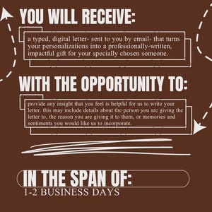 May include: A brown graphic with white text. The text reads "YOU WILL RECEIVE: a typed, digital letter...impactful gift for your specially chosen someone." and "WITH THE OPPORTUNITY TO: provide any insight...sentiments you would like us to incorporate." The text "IN THE SPAN OF: 1-2 BUSINESS DAYS" is also visible.