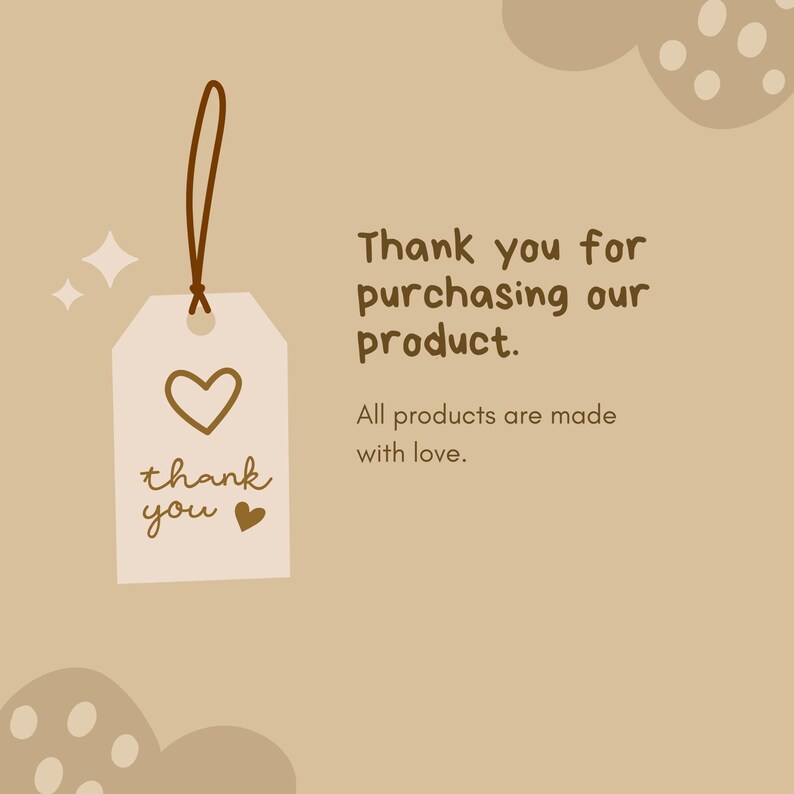 May include: A brown tag with a white heart and the text "thank you" with a small heart. The tag is hanging from a brown string. The background is a light brown with a brown abstract shape with white polka dots.