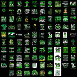 PNG-bundel voor bewustwording van cerebrale parese, clipart met groen lint ter ondersteuning van CP-strijders, sublimatie-PNG voor shirts met aandacht voor mensen met een beperking