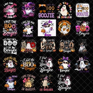 Puede incluir: Una colección de diseños gráficos con temática de Halloween con fantasmas, calabazas y la frase "I Put The Boo In Boujee". Los diseños incluyen fantasmas con sombreros, gafas de sol y sosteniendo accesorios. La paleta de colores incluye negro, blanco, naranja y morado.