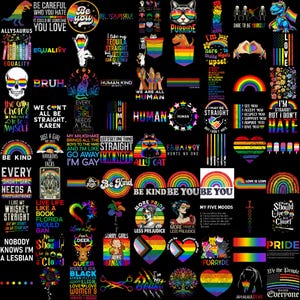 Puede incluir: Una colección de pegatinas y gráficos coloridos con temática de orgullo LGBTQ+. Los diseños incluyen arcoíris, corazones, gatos, dinosaurios y texto como "Be Kind", "Love is Love" y "Human."