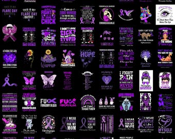 Fibromyalgia Awareness PNG Bundle, Purple Ribbon Warrior PNG, Chronic Pain Quotes, Invisible Illness Support Design, Sublimation PNG