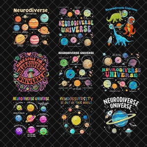Puede incluir: Nueve diseños coloridos con las palabras "Neurodiverse Universe" y frases relacionadas. Los diseños presentan planetas, dinosaurios y gráficos temáticos espaciales. La paleta de colores incluye azules, naranjas, rosas y verdes.