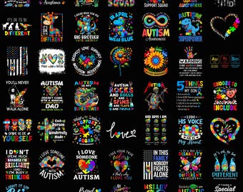 Autism Awareness PNG Bundle, Support Squad Wear Blue Puzzle Ribbon Sublimation Shirt Designs