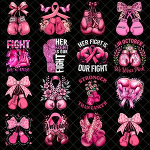 Puede incluir: Una colección de diseños de guantes de boxeo rosas con cintas y texto relacionados con la concienciación sobre el cáncer de mama. Los diseños incluyen frases como "Fight", "Our Fight" y "We Wear Pink".