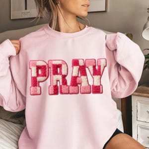 Puede incluir: Sudadera rosa claro con la palabra "PRAY" en un patrón de cuadros rosas y blancos en el pecho. La sudadera tiene mangas largas y cuello redondo.