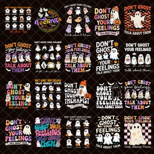 Puede incluir: Una colección de diseños con temática de Halloween con la frase "Don't Ghost Your Feelings" e ilustraciones de fantasmas. Los diseños incluyen fantasmas con diferentes expresiones, calabazas y sombreros de bruja. La paleta de colores incluye negro, blanco, naranja y morado.