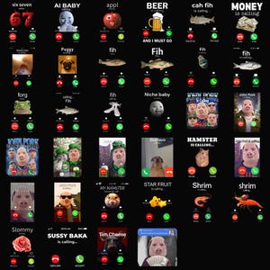 Puede incluir: Un fondo negro con múltiples maquetas de pantallas de teléfono. Cada pantalla muestra una imagen y un texto diferentes, incluyendo "AI BABY", "BEER is calling" y "MONEY is calling". Las pantallas tienen botones de rechazar y aceptar.
