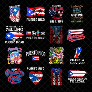 Puede incluir: Una colección de 10 diseños digitales con la bandera de Puerto Rico y varios lemas. Los diseños incluyen "No estoy gritando, soy puertorriqueño", "Puerto Rico", "Honrar a los caídos, agradecer a los vivos", "Boricua", "Sobreviviente de Chancla", "Relájate Gringo, soy legal", y más.