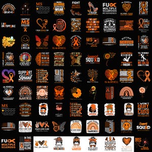 Puede incluir: Una colección de diseños gráficos en negro y naranja con texto y símbolos relacionados con la concienciación sobre la esclerosis múltiple. Los diseños incluyen frases como "Support Squad", "I Wear Orange" y "MS Awareness".
