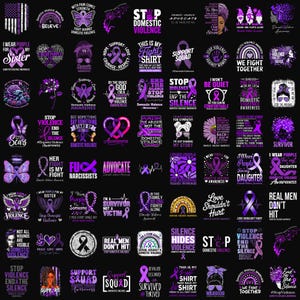 Domestic Violence Awareness PNG Bundle, Purple Ribbon Survivor Designs, Support Squad Quotes PNG,Stop Violence Graphics,Sublimation Download