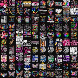 Puede incluir: Un collage de varios diseños con texto y cintas, que promueven la concienciación sobre el cáncer. Los diseños presentan frases como "Fight Cancer" y "In This Family, No One Fights Alone", utilizando una variedad de colores y fuentes.