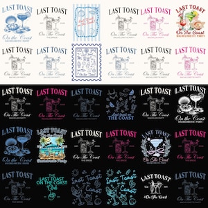 Puede incluir: Colección de diseños con temática "Last Toast" para despedidas de soltera. Los diseños presentan cócteles, conchas marinas y el texto "Last Toast" y "On The Coast". Los diseños son de varios colores.