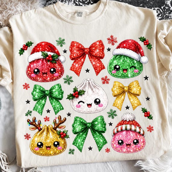 Cute Christmas Dumpling PNG, Kawaii Christmas Dumpling Clipart, Holiday Dumpling PNG, Preppy Bow Christmas Dumpling, PNG Digital Download