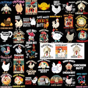 Puede incluir: Un fondo negro con múltiples gráficos temáticos de pollos. Los diseños incluyen pollos con gafas de sol, gráficos de arcoíris y texto que dice "Chicken Butt!" y "Guess What?" en varios estilos.