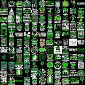 Puede incluir: Una colección de artículos verdes y negros, como camisetas y pegatinas, con textos y gráficos relacionados con la concienciación sobre la lesión cerebral traumática. Los diseños incluyen cintas, lemas y mensajes de apoyo. Los artículos se muestran sobre un fondo negro.