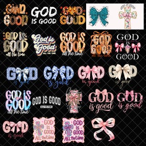 Puede incluir: Una colección de diseños gráficos con la frase "Dios es bueno" en varias fuentes y estilos. Los diseños incluyen lazos, cruces y texto, con una variedad de colores y patrones, adecuados para la sublimación.