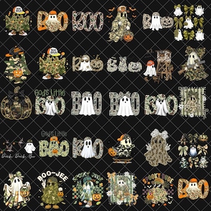 Puede incluir: Una colección de diseños digitales con temática de Halloween que presentan fantasmas, calabazas y las palabras "BOO" y "BAO" en varios estilos. Algunos diseños incorporan patrones de camuflaje y accesorios como sombreros y lazos. La combinación de colores incluye naranja, verde y blanco.