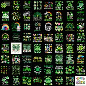 Puede incluir: Una colección de diseños gráficos con temática del Día de San Patricio sobre un fondo negro. Los diseños presentan tréboles, arcoíris, duendes y texto como "Lucky Teacher" y "Shenanigans Coordinator". La paleta de colores es principalmente verde y blanco.