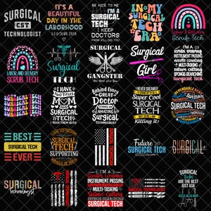 Könnte beinhalten: Eine Sammlung von Grafikdesigns mit Texten zum Thema Operationstechnik. Designs beinhalten Sätze wie "Surgical Tech", "Scrub Tech" und "Surgical Girl" zusammen mit medizinischen Grafiken und der amerikanischen Flagge.
