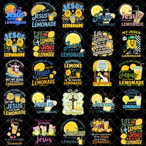 Può includere: Una collezione di grafiche a tema "Jesus Lemonade". Ogni design presenta le parole "Jesus" e "Lemonade" con limoni, bicchieri di limonata e immagini correlate. I design sono in vari stili e disposizioni, il tutto su sfondo nero.