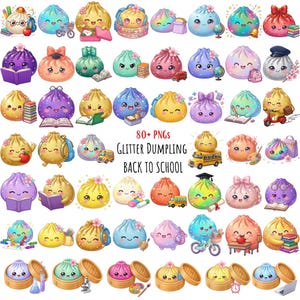 80+ Back to School Dumpling Clipart PNG Bundle, Cute Kawaii Glitter Food Characters, Teacher Classroom Graphics, Commercial Use