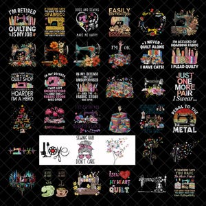 Puede incluir: Una colección de gráficos con temática de costura sobre un fondo negro. Los diseños incluyen máquinas de coser, montones de tela y texto como "I'm Retired, Quilting is My Job" y "Sewing Hair Don't Care".