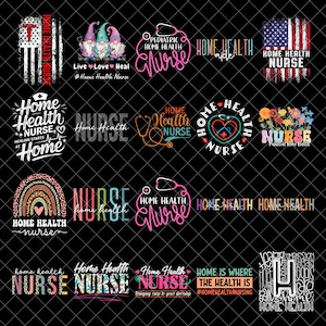 Puede incluir: Una colección de diseños gráficos con las palabras "Enfermera" y "Salud en el hogar" en varias fuentes y estilos. Algunos diseños incluyen estetoscopios, corazones y elementos de la bandera estadounidense. Otros diseños incluyen gnomos y arcoíris.