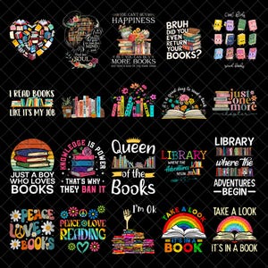 Puede incluir: Una colección de diseños gráficos coloridos con temática de libros sobre un fondo negro. Los diseños incluyen citas como "Leo libros como si fuera mi trabajo", "No puedes comprar la felicidad pero sí más libros" y "Biblioteca donde comienzan las aventuras".