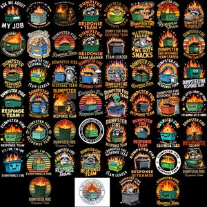 Puede incluir: Una colección de diseños gráficos circulares que muestran un contenedor de basura en llamas. Los diseños incluyen texto como "Dumpster Fire", "Response Team" y "Team Leader". Algunos diseños presentan mapaches, extraterrestres y arcoíris.