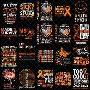 Puede incluir: Una colección de gráficos en naranja y negro con texto relacionado con la concienciación sobre la esclerosis múltiple. Los diseños incluyen lazos, mariposas y frases como "I wear orange" y "Made Strong."